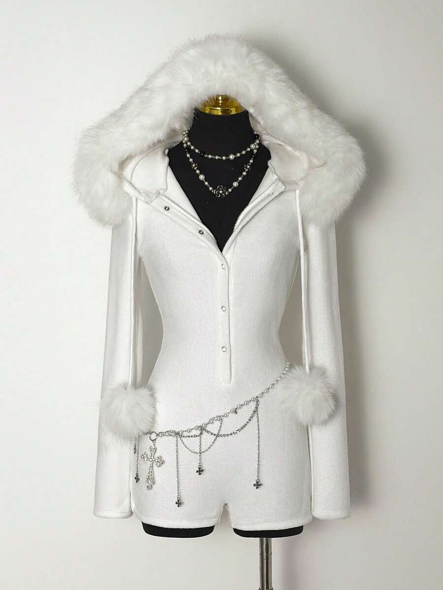 SHEIN DivaQ 女士白色人造毛皮连帽连体衣 - 白色 - 查看 1