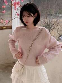 DAZY 前后双面蝴蝶结轻薄女式毛衣 - 淺粉色 - 查看 6