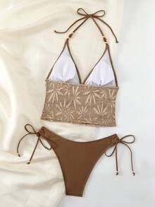 Swim Chiccia Elegant Women's Brown Halter Tankini Top With Plants Pattern And Matching Tie Side Bottoms - Brown - View 11