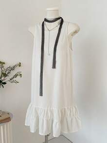 SHEIN Unity Gaun Wanita Kasual Musim Panas Serba Putih, Leher Bulat, Hem Berlapis Ruffle, Chic & Elegan untuk Pesta, Kantor, Perjalanan, Bisnis, Gaya Retro 90-an, Tamu Pernikahan - Putih - View 4