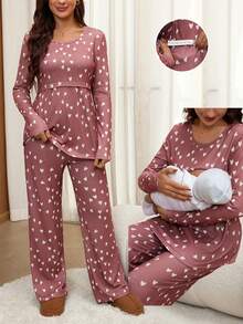 SHEIN Heart Print Nursing Top And Pants 2 Pieces Set For Pregnant Women - Multicolor - View 1