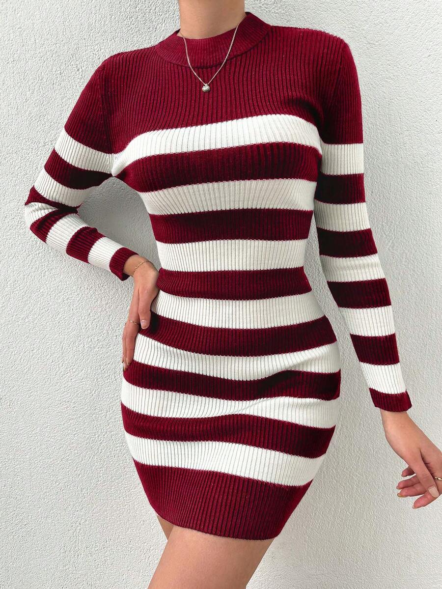 EURMUSE Striped Print Fitted Elegant Long Sleeve Knit Sweater Dress - Burgundy - View 1