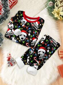 Pijama de niño pequeño de estilo minimalista casual, clásico y cómodo para Navidad, con diseños divertidos, de fútbol, de dibujos animados y de Navidad, de corte ajustado, cuello redondo y manga larga, adecuado para otoño/invierno - Multicolor - Ver 2