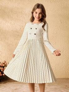 Vestido maxi plisado con cuello redondo, manga larga, cintura ceñida, estampado de lunares y botones de perlas falsas 3D para niñas preadolescentes, color albaricoque suave - Albaricoque - Ver 1