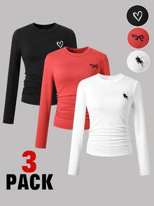 SHEIN 3 قطع تيشيرت كلاسيكي كاجوال بأكمام طويلة من قماش مُحبك، بطباعة أمامية، قصة مناسبة، مريح، مناسب للربيع والخريف، للارتداء اليومي