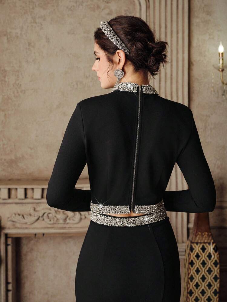 Blusa de manga larga ajustada con adornos de strass elegante para mujer, otoño
