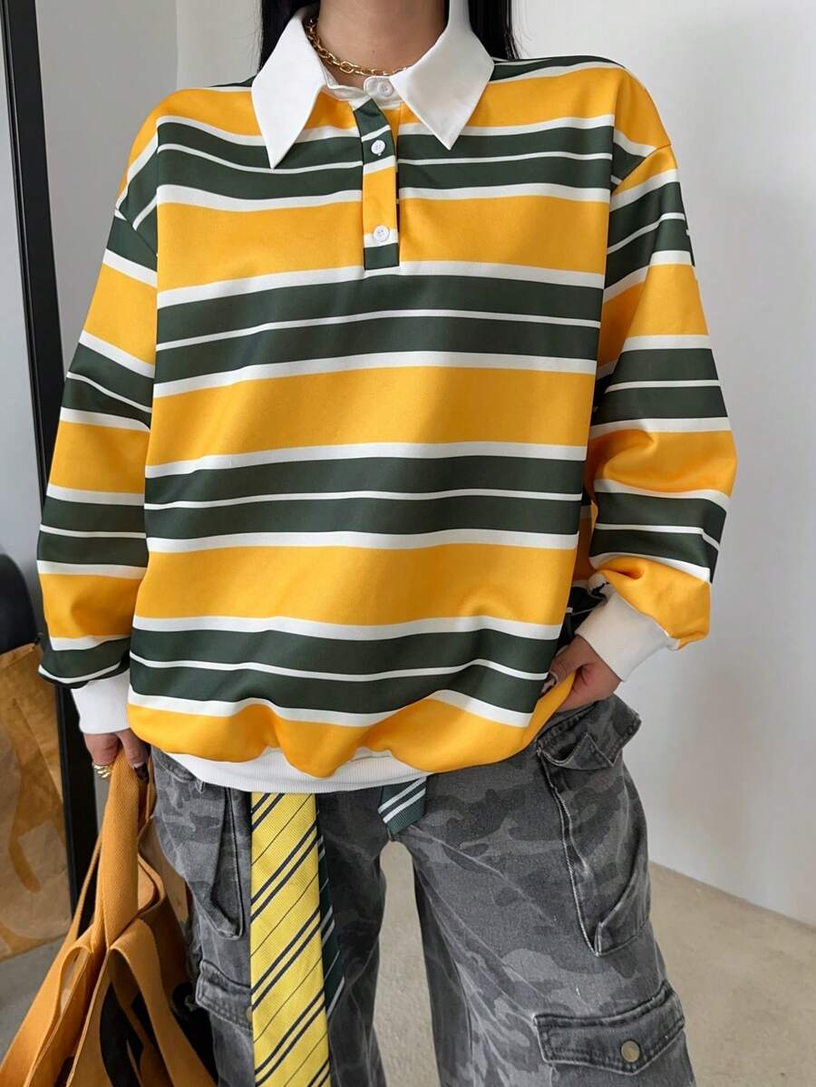 POPSWAY Plus Size New Fashionable Casual American Retro Colorblock Striped Print Polo Collar Long Sleeve Sweatshirt Top, Thick Fleece Loose Fit College Style Sweatshirt For Women, Suitable For Fall And Winter - Multicolor - View 1