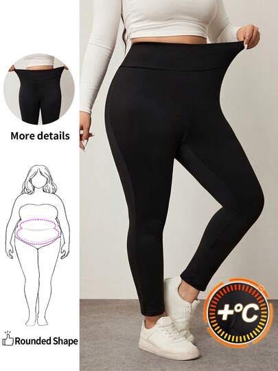 Enliva Casual Simple Plus Size Thermal Lined Wide Waistband Thermal Leggings, Suitable For Autumn/Winter Suitable For Going Out Women's Sportswear, For Apple Rounded Body Shape