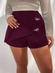 Firerie Celana Pendek Wanita Ukuran Plus Warna Hitam dengan Hiasan Pita Asimetris dan Rhinestone "Love/Lover" - Red Violet - View 3