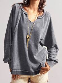 Bohemela 大码纯色简约长袖T恤，日常穿着 - 灰色 - 查看 2