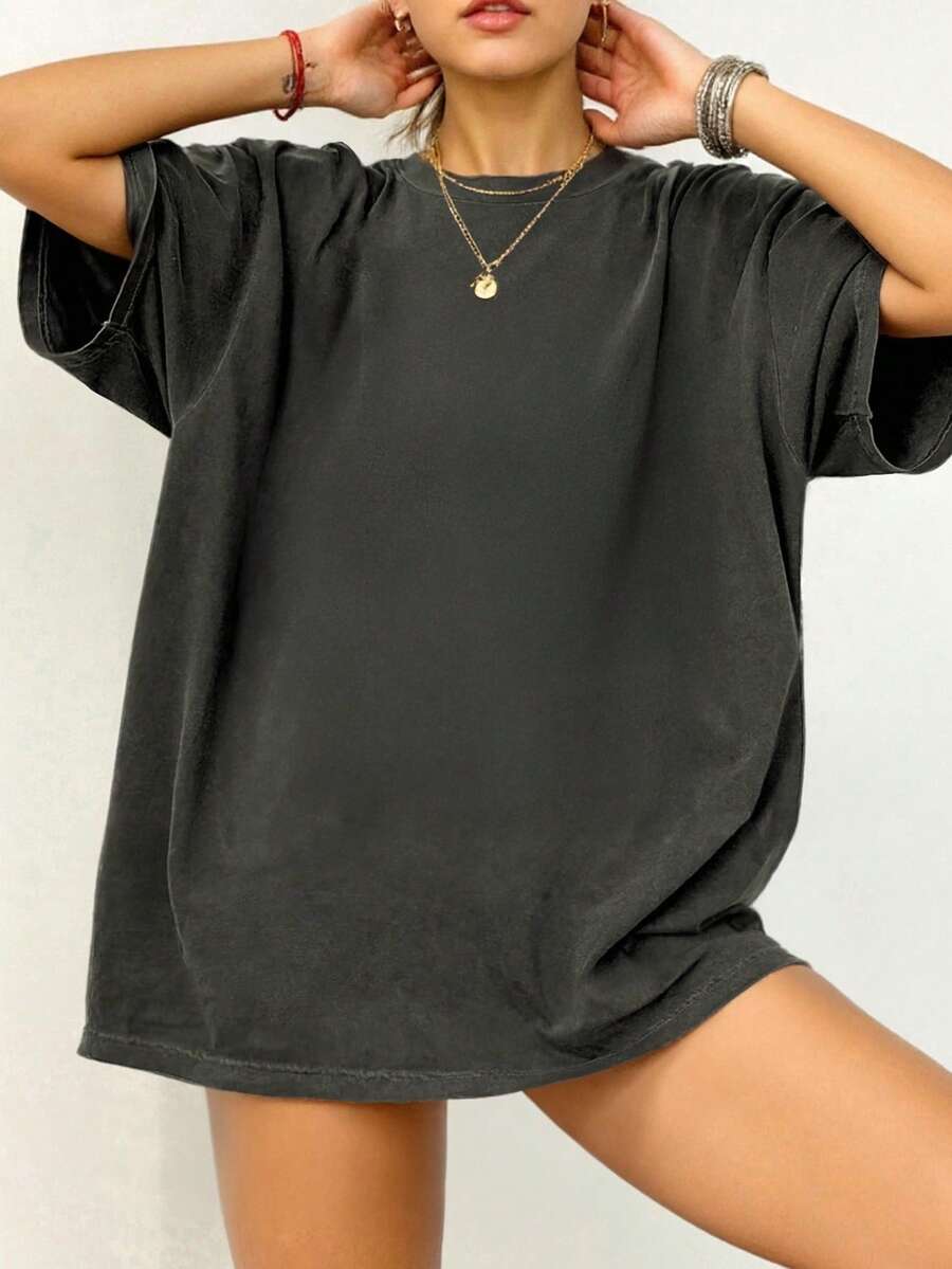 EMERY ROSE Áo thun nữ tay ngắn cổ tròn rộng rãi, thoải mái, màu trơn, mùa hè - Màu xám đen - Xem 1