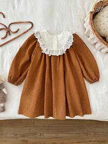 LMoss Kids Young Girls' Woven Contrast Embroidered Ruffled Casual Dress, Corduroy Material, Warm And Comfortable, Fall Dress For Girl, Girls Spring Autumn French Style Dress, Brown Dress For Girls, Autumn And Winter Young Girls Dress,Styles Comfortable Autumn & Winter,Cozy Fall & Winter Styles,Cozy Autumn And Winter Styles - Multicolor - View 2