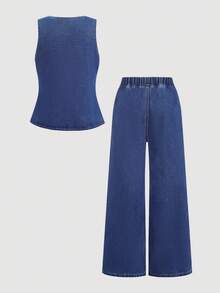Travachic KIDS Travachic KIDS 青少年女孩春夏休闲街头时尚纯色 V 领无袖背心和宽松直筒裤牛仔两件套、夏季海滩波西米亚风度假短裤、夏季音乐会节日休闲狂欢装、女孩夏季早午餐毕业装 - 淺色水洗藍 - 查看 3