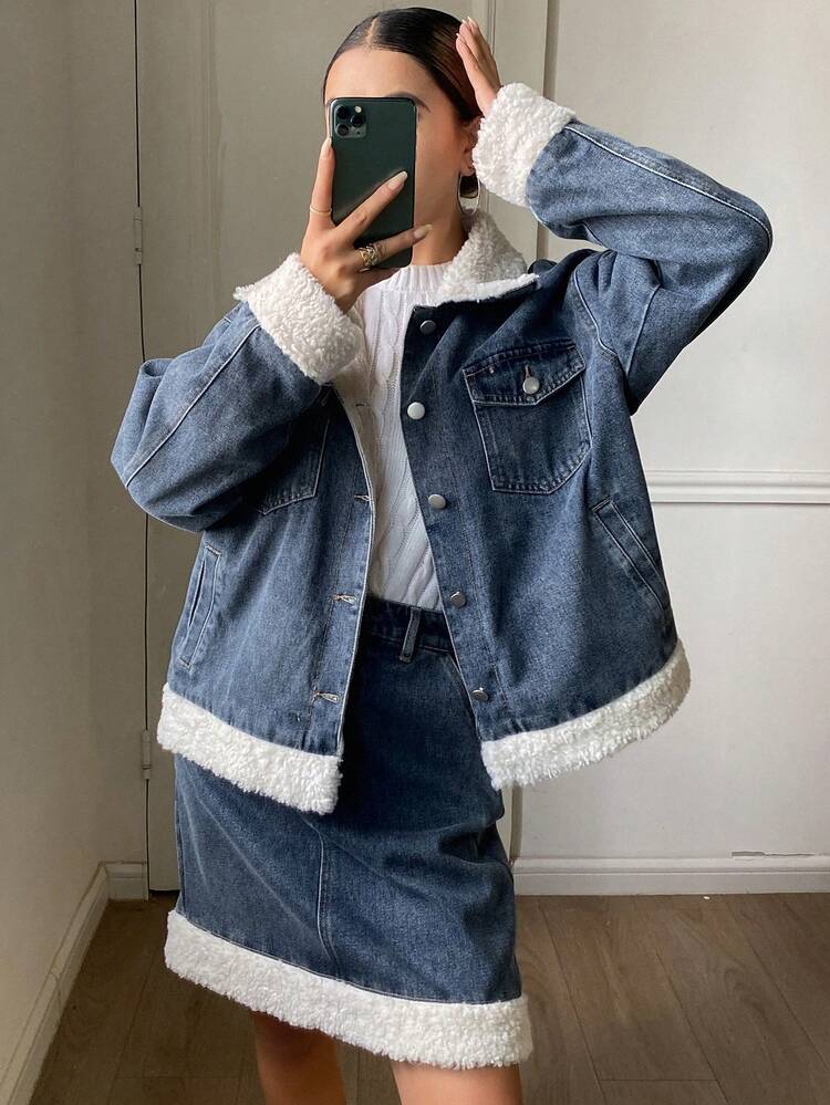 Western Cowgirl Thermal Lined Loose Turndown Collar Long Sleeve Jacket & A-Line Skirt Casual Street Outfit, Autumn/Winter Y2k