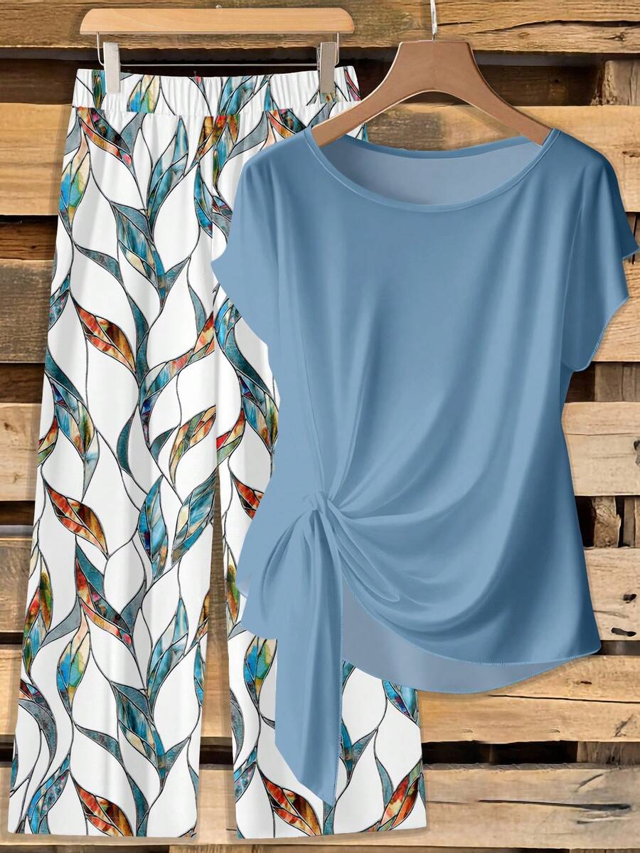 SHEIN Clasi 两件套女士休闲绿色蝴蝶结衬衫和宽松直筒几何印花裤套装，适合早春穿着 - 彩色 - 查看 1