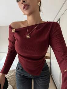 新款酒红色斜肩修身女式T恤 - 酒紅色 - 查看 4