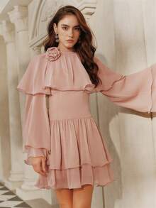 Anewsta Savoree 浪漫莲花粉色手工3D立体花卉装饰多层荷叶边裙摆，春季优雅长袖连衣裙 - 藕粉色 - 查看 6