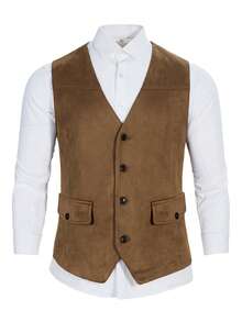 Manfinity Nomadique Men's Coffee Brown Casual Vest, Made Of Solid-Colored Suede Fabric, Suitable For Daily Commute And Activities, Also An Ideal Gift For Friends, Boyfriends, And Husbands. Mens Cowboy Outfits Mens Western Wear Rodeo Outfits For Men Western Vest Western Vest For Men Christmas Outfits Mens Vest For Men