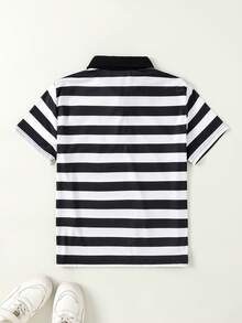 SHEIN Casuvi Kids Boys' Casual Fashion Little Horse Print Ribbed Collar Short Sleeve Polo Shirt Polo Shirt For Kids Striped Shirt Kids Striped Polo Shirt - Black and White - View 2