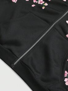 ROMWE MEN 男士加厚街头风卫衣，美式樱花及英文印花，毛领，秋冬款 - 黑色 - 查看 5