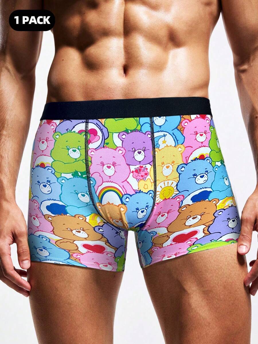 SHEIN X Care Bears 1pc Men's Comfortable Cute Cartoon Bear Print Trunks, Basic Comfortable Casual ,Soft Boys Boxers, Funny Underwear Men - Black - View 1