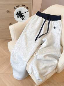 Franclia Pantalones de chándal casuales de talla grande para mujer con bordado de caballero, cintura con cordón y bolsillos, pierna ancha - Gris - Ver 1