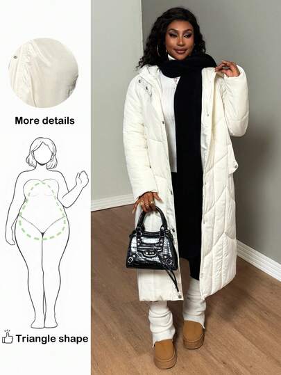 Truni Itsmisslys Plus Size Women's Solid Color Long Sleeve Hooded Long Casual Winter Coat, For Pear Triangle Body Shape