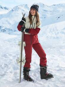 In My Nature 女士字母印花撞色长袖连帽户外防风防水夹克，滑雪夹克，户外 - 紅白色 - 查看 3