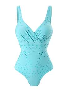 Swim Oasis 新款激光镂空透视性感女士连体泳衣，宽肩带配罩裙，高端时尚套装 - 藍色 - 查看 5