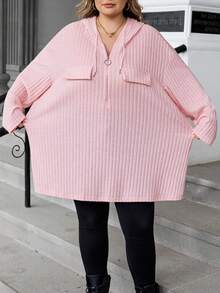 SHEIN CURVE+ Áo thun chui đầu họa tiết gân có mũ trùm đầu nửa khóa kéo cỡ lớn dành cho nữ, mùa thu/đông - Màu Hồng baby - Xem 3