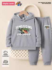 两件套男童休闲连帽衫套装，印有“Bombardino 鳄鱼”卡通动物图案，卫衣套装，适合春秋季穿着。 - 灰色 - 查看 4