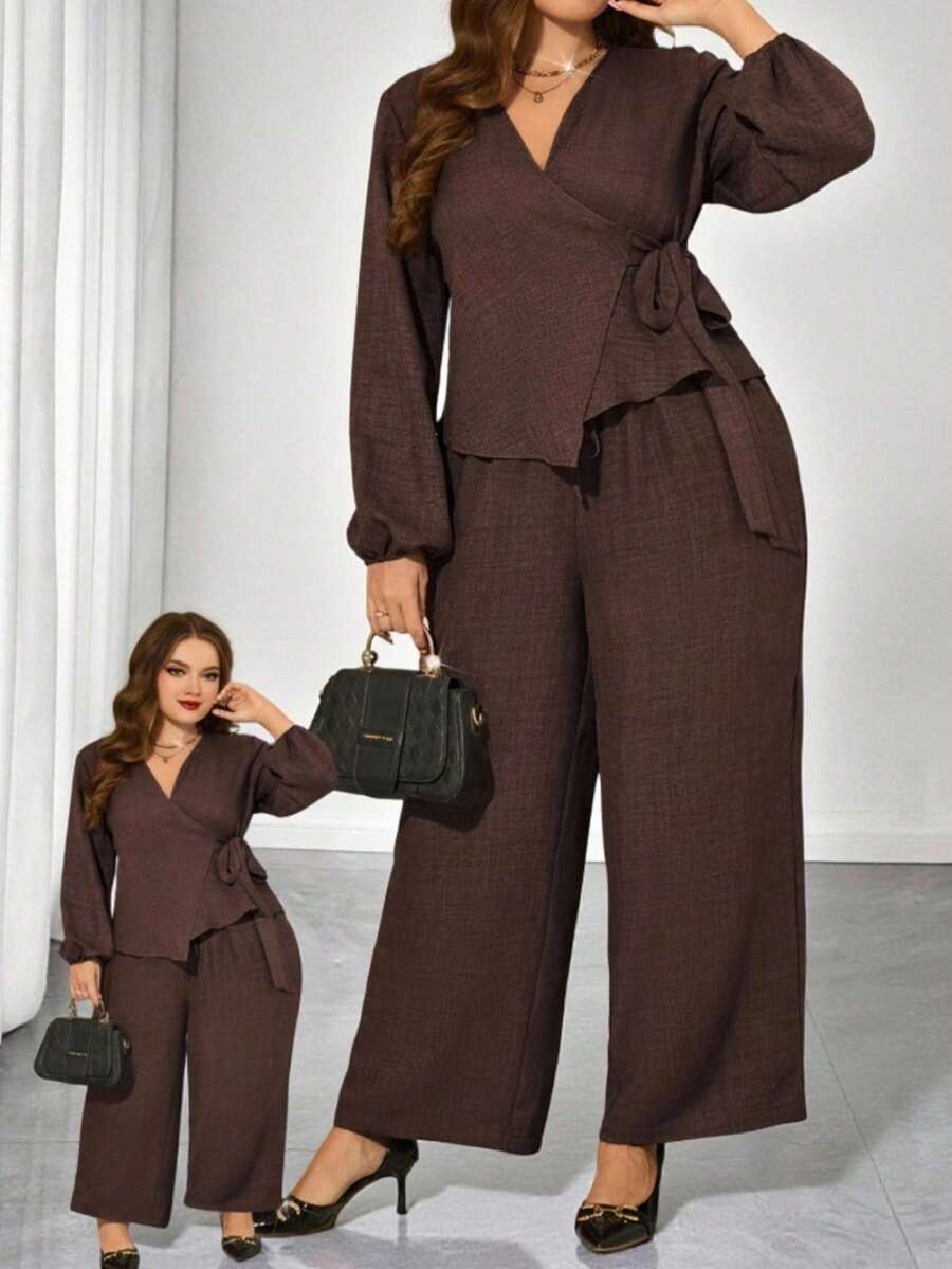 EMERY ROSE Ensemble 2 pièces chemise et pantalon de couleur unie élégante et pratique pour le travail, grande taille - Marron - Voir 1