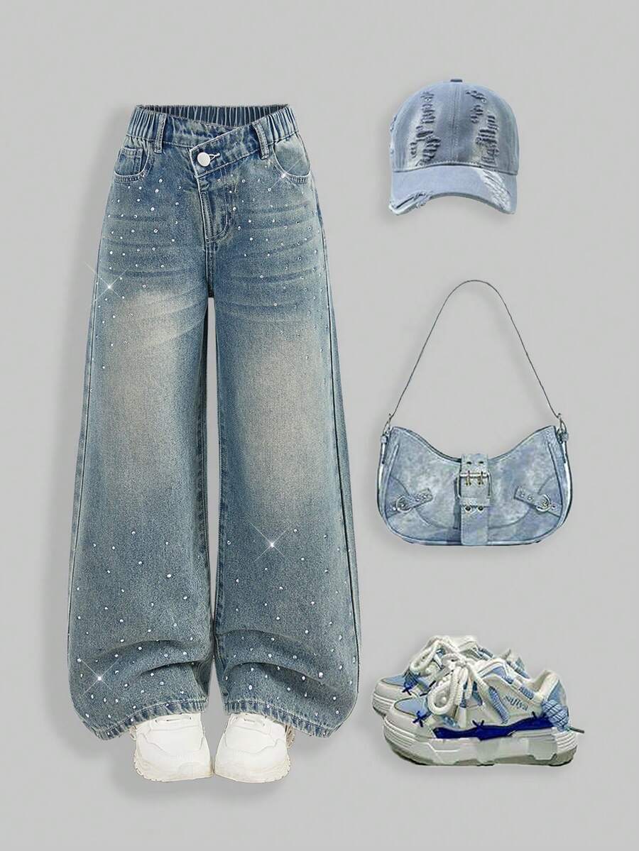SHEIN ChillGRL Girls' Y2K Jeans With Rhinestone Embellishment, Fashion Casual Loose Fit, Classic Elements, Soft Fabric, Comfortable Wear, Versatile Wide Leg Washed Denim Pants - Light Wash - View 1
