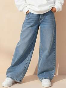 Travachic KIDS Travachic KIDS Tween 女童 Y2K 时尚复古水洗高腰猫须水洗宽松直筒牛仔裤，Tween 女童秋冬装返校街头服饰 - 淺色水洗藍 - 查看 1