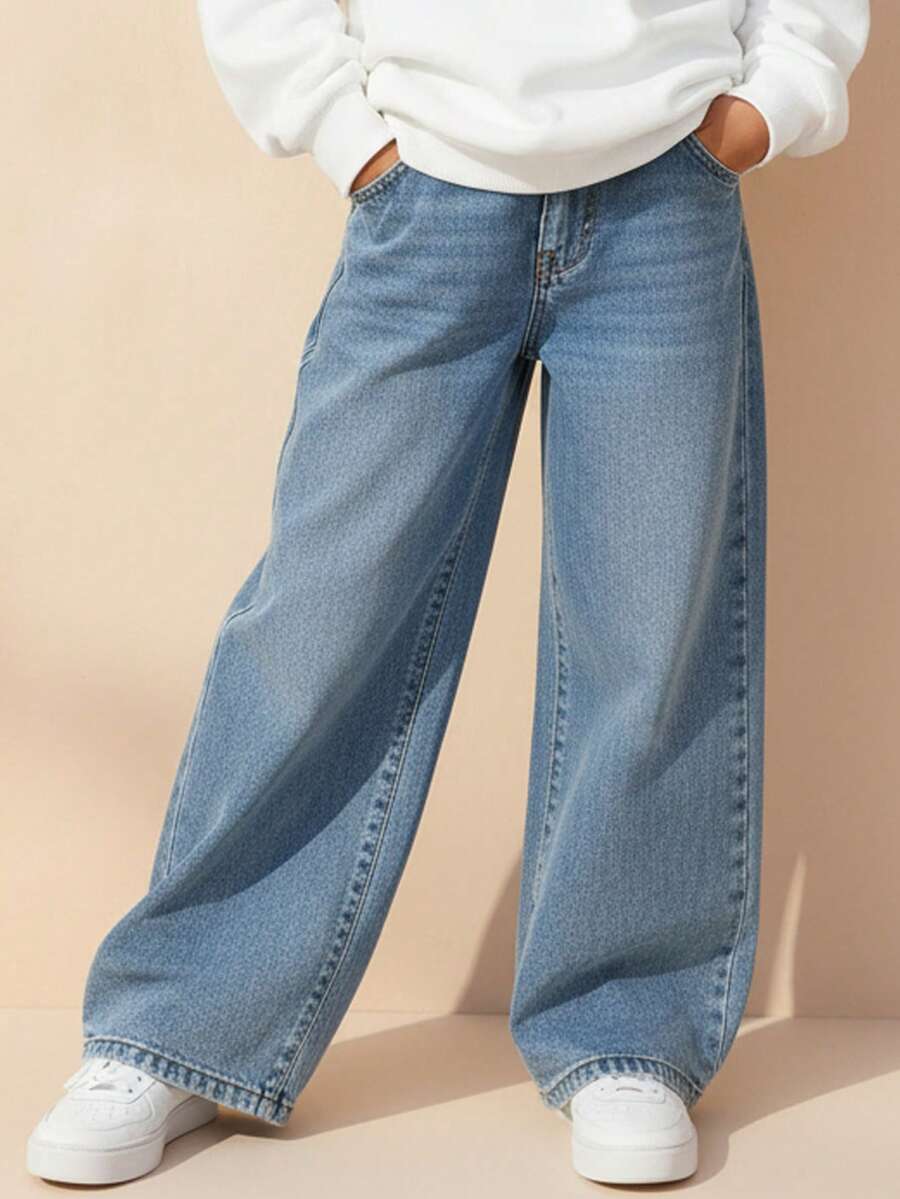 Travachic KIDS Travachic KIDS Tween 女童 Y2K 时尚复古水洗高腰猫须水洗宽松直筒牛仔裤，Tween 女童秋冬装返校街头服饰 - 淺色水洗藍 - 查看 1