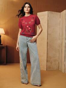 Anewsta 高级复古刺绣圆领短袖T恤 - 紅色 - 查看 4