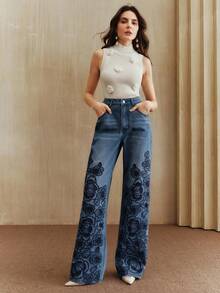 Anewsta Fashionable Embroidered Blue Denim Straight Leg Pants - Blue - View 7