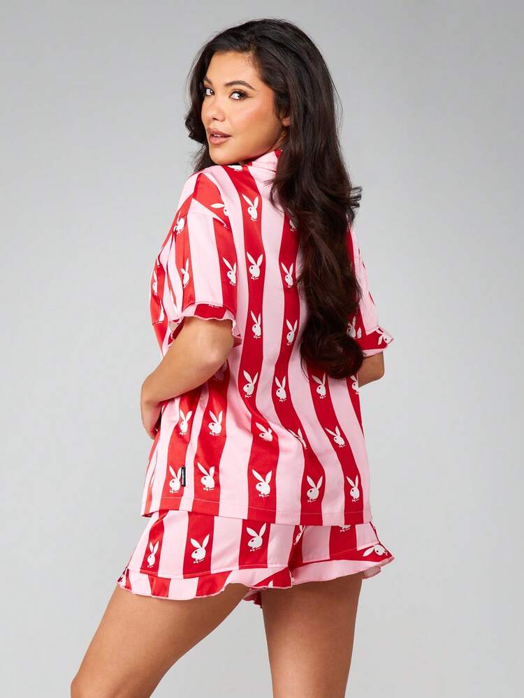Missguided x Playboy Striped Bunny Print Pajama Set With Button-Up Shirt And Drawstring Shorts Sleepwear Co-Ord Loungewear