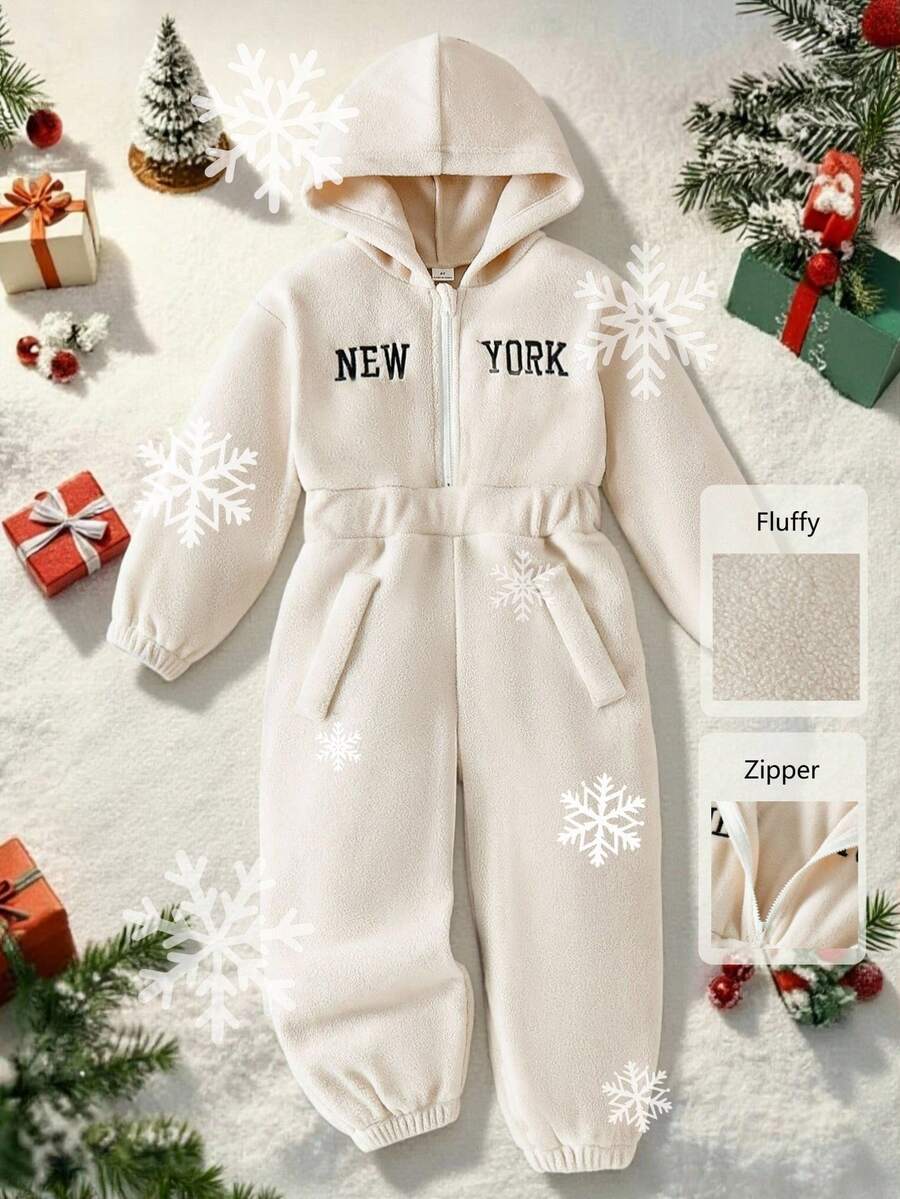 Genkimix Kids 年轻女孩休闲连帽拉链刺绣“NEW YORK”羊毛连体裤 - 杏色 - 查看 1