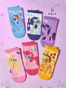 My Little Pony X SHEIN 6 đôi tất nữ cổ ngắn mềm mại, thoáng khí, thấm hút mồ hôi, kiểu dáng ngọt ngào, thời trang và dễ thương, họa tiết hoạt hình nhiều màu sắc, mũi và gót được gia cố để tăng độ bền, phù hợp mọi mùa, hè đông, họa tiết kỳ lân, tất in hình, ý tưởng quà tặng. - Nhiều màu - Xem 2