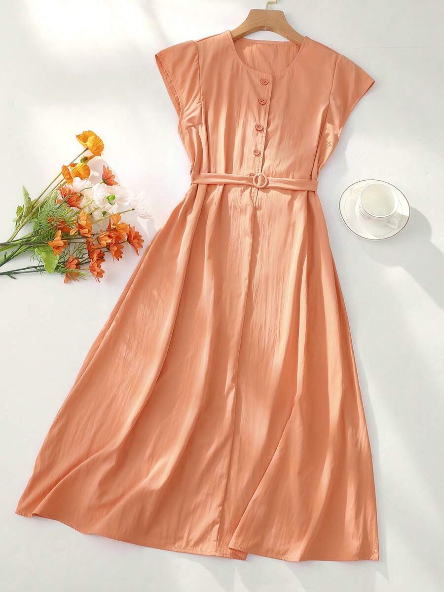 Franclia 纯色简约圆领系腰连衣裙