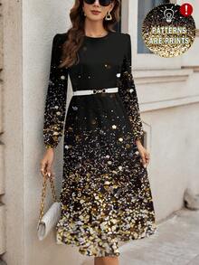 SHEIN Clasi Women's Round Neck Gradient Sequin Print Dress, Suitable For Autumn/Winter, Party, Christmas, New Year Spring - Multicolor - View 1