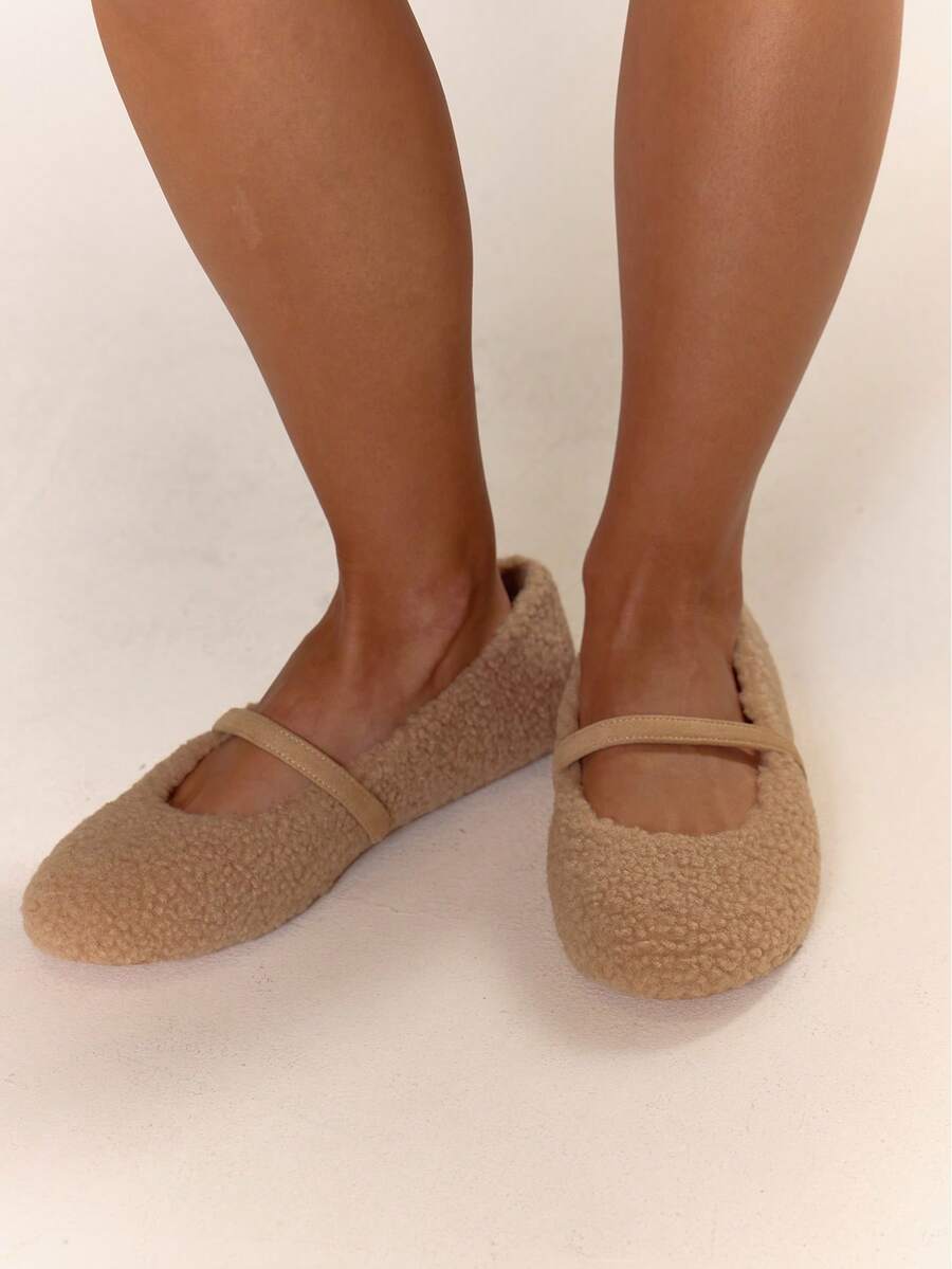 MUSERA Fluffy Borg Cross Over Strap Ballet Pumps Cute Summer Spring Cute Going Out Accessories - Apricot - View 1