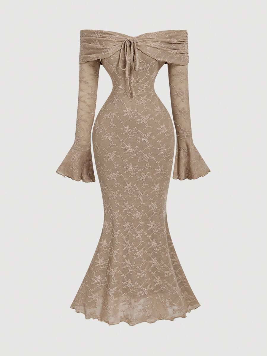 SHEIN MOD 女士露肩长袖前系带修身连衣裙，新年连衣裙，新年派对连衣裙，情人节连衣裙 - 卡其色 - 查看 1