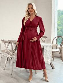 SHEIN Cross V-Neck Long Sleeve Pleated Swing Dress - Burgundy - View 4