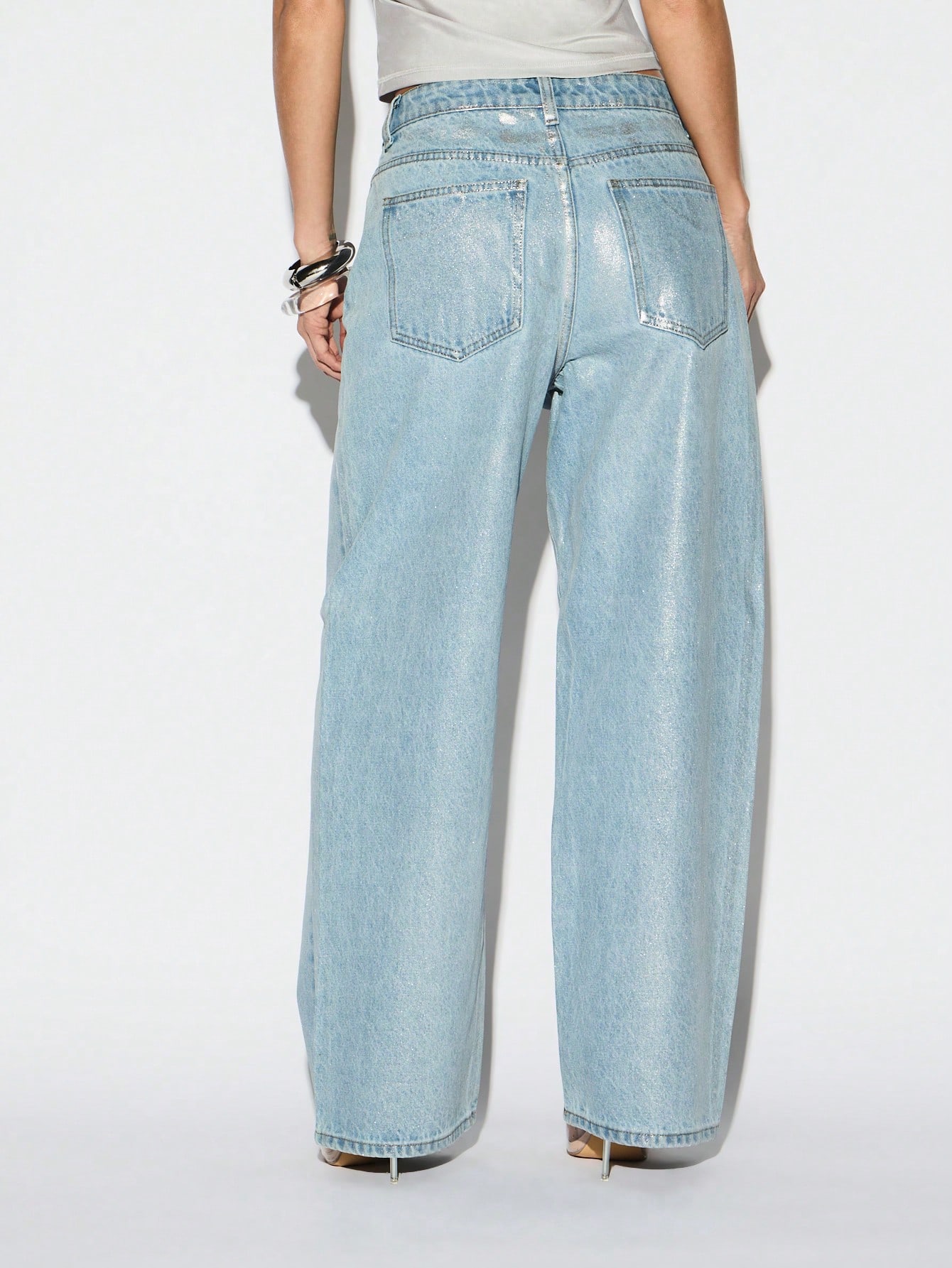 KIZN High Rise Wide Leg Metallic Silver Jeans