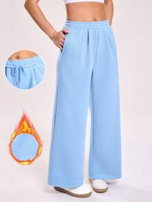 Sovereign Charm Women's Casual Outdoor Fitness Running Loose Wide Leg Long Yoga Sweatpants With Side Pockets And Drawstring Waist, Autumn/Winter Wide Leg Sweatpants Flare Pants Women Flare Sweat Pants Wide Leg Pants Women Palazzo Pants Women - Baby Blue - View 1