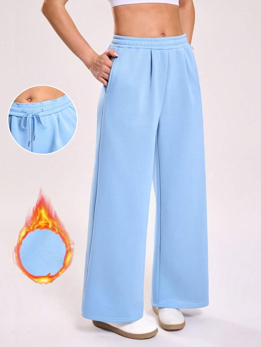 Sovereign Charm Women's Casual Outdoor Fitness Running Loose Wide Leg Long Yoga Sweatpants With Side Pockets And Drawstring Waist, Autumn/Winter Wide Leg Sweatpants Flare Pants Women Flare Sweat Pants Wide Leg Pants Women Palazzo Pants Women - Baby Blue - View 1