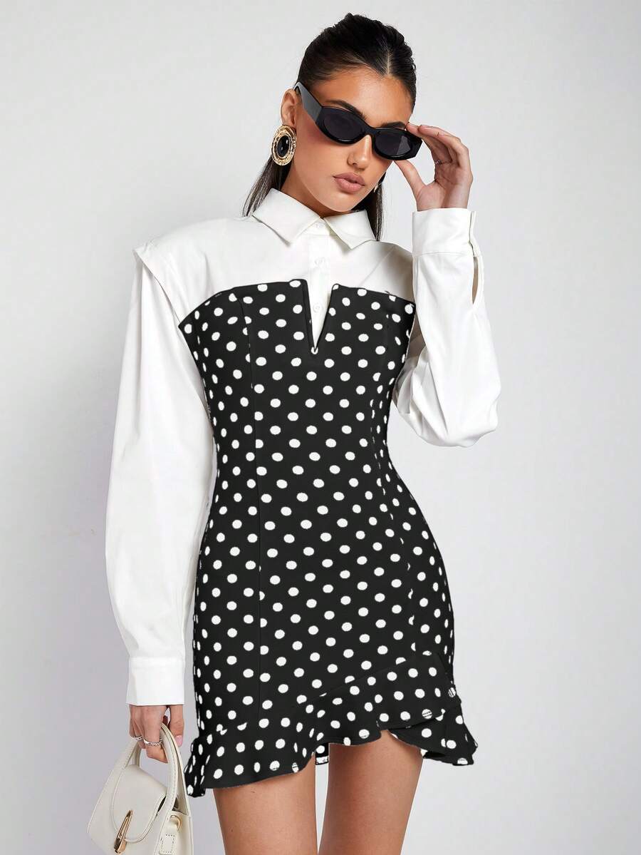 COSMINA 女士优雅派对波点不对称下摆迷你连衣裙，春夏款 - 黑色 - 查看 1