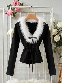 GlowEve Suéter de mujer de manga larga con cuello de piel y decoración de lazo, de moda - Negro - Ver 3